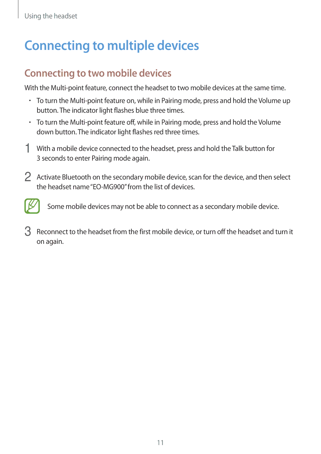 Samsung EO-MG900EWRGRU, EO-MG900B, EO-MG900EBRGRU manual Connecting to multiple devices, Connecting to two mobile devices 