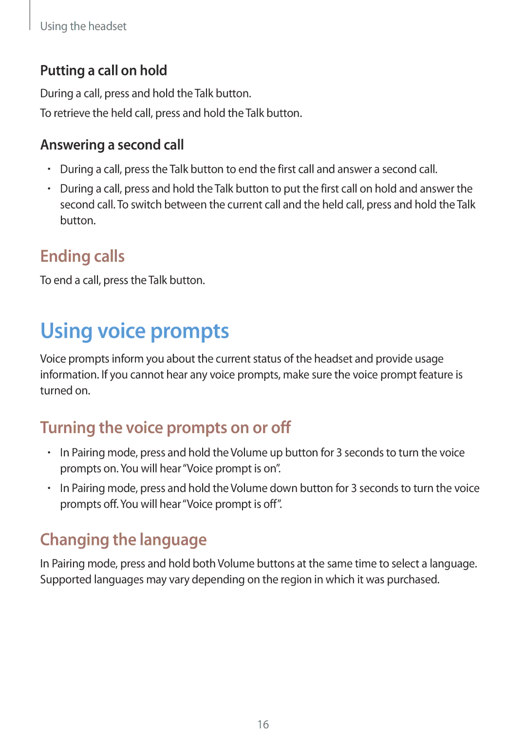 Samsung EO-MG900EBRGRU manual Using voice prompts, Ending calls, Turning the voice prompts on or off, Changing the language 