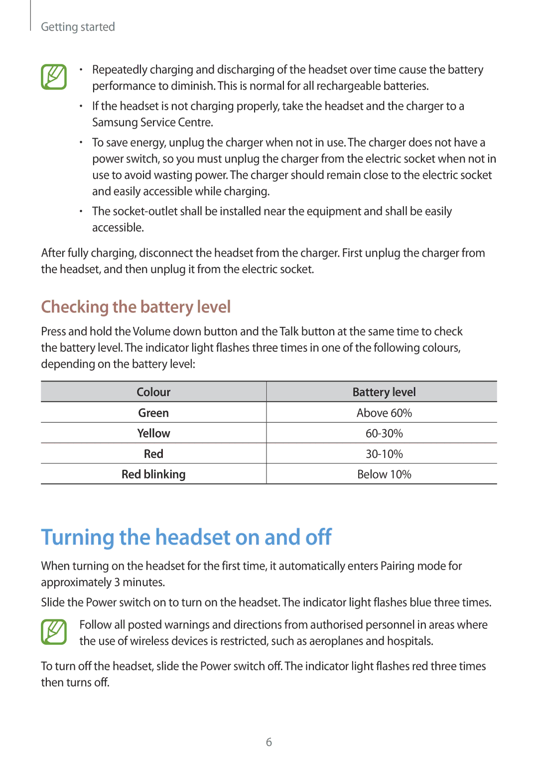 Samsung EO-MG900B, EO-MG900EBRGRU, EO-MG900EWRGRU manual Turning the headset on and off, Checking the battery level 