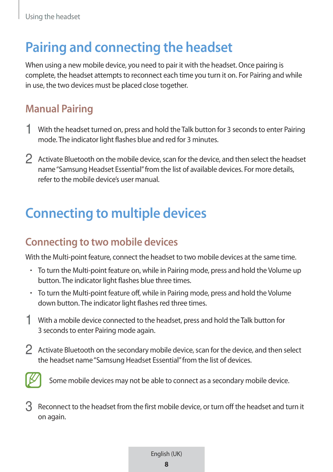 Samsung EO-MG920BBEGRU manual Pairing and connecting the headset, Connecting to multiple devices, Manual Pairing 