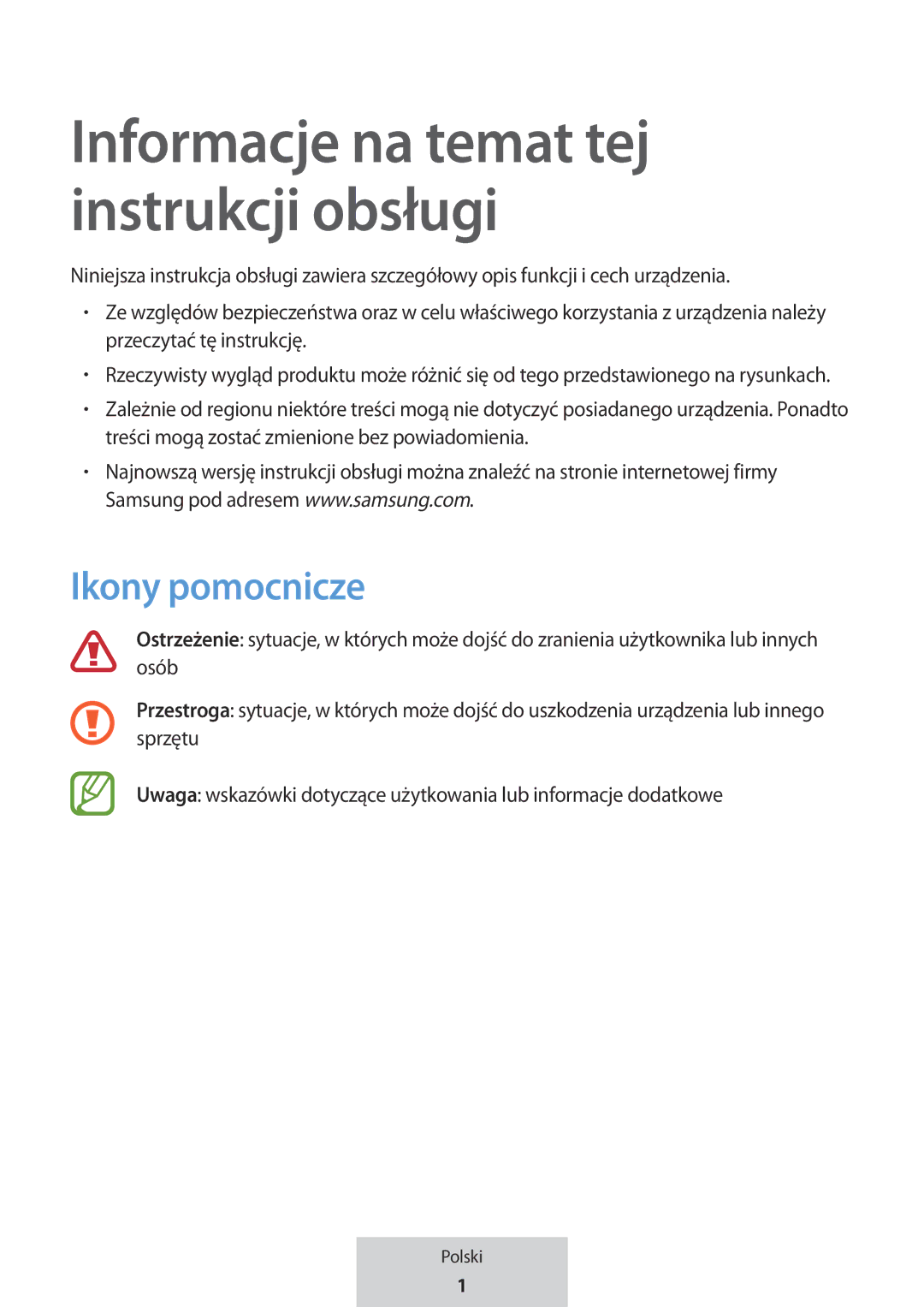 Samsung EO-MG920BBEGRU manual Informacje na temat tej instrukcji obsługi, Ikony pomocnicze 