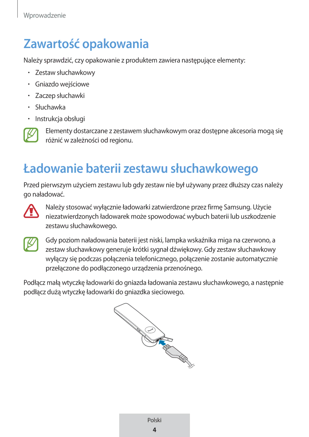 Samsung EO-MG920BBEGRU manual Zawartość opakowania, Ładowanie baterii zestawu słuchawkowego 