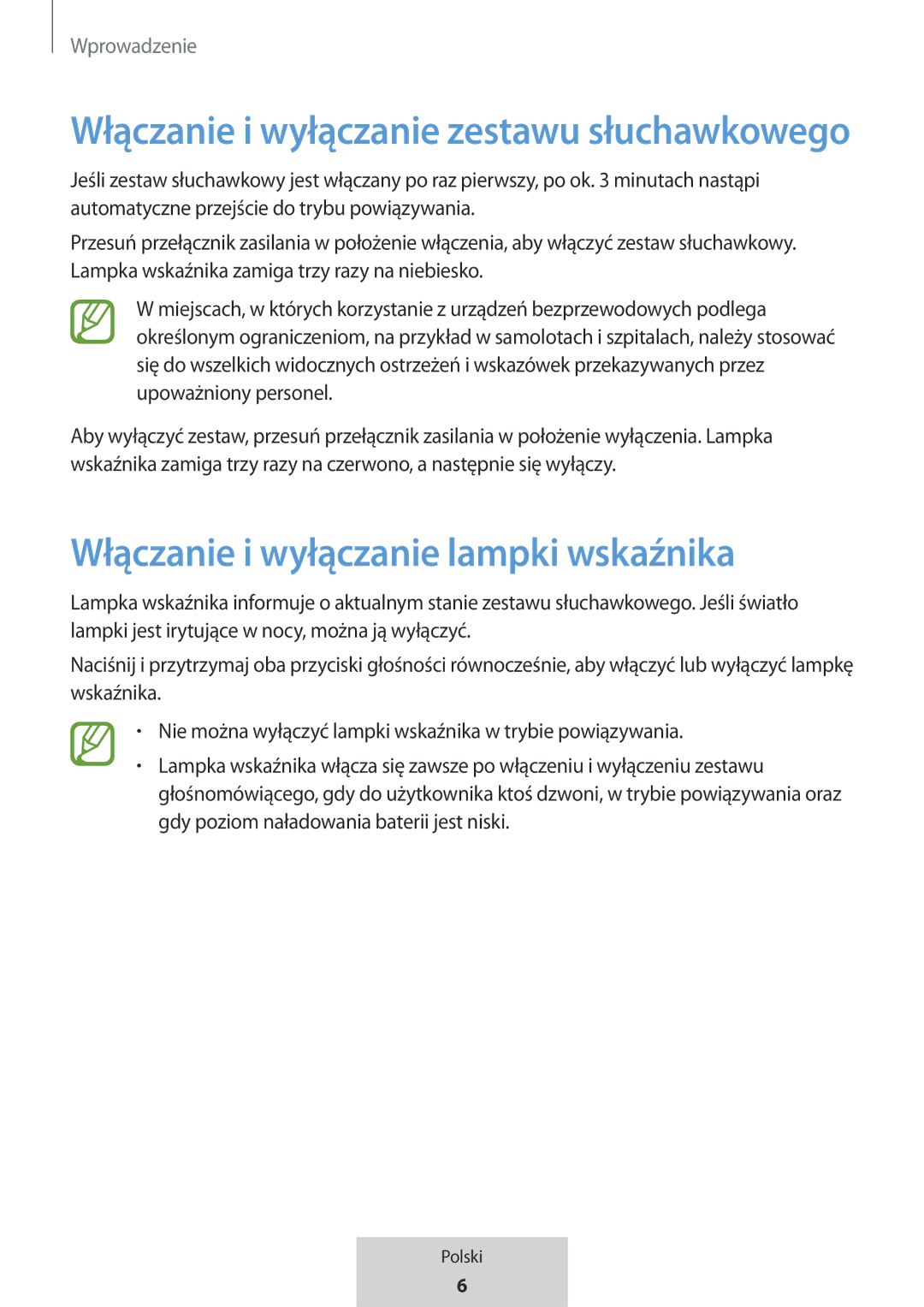 Samsung EO-MG920BBEGRU manual Włączanie i wyłączanie lampki wskaźnika, Włączanie i wyłączanie zestawu słuchawkowego 