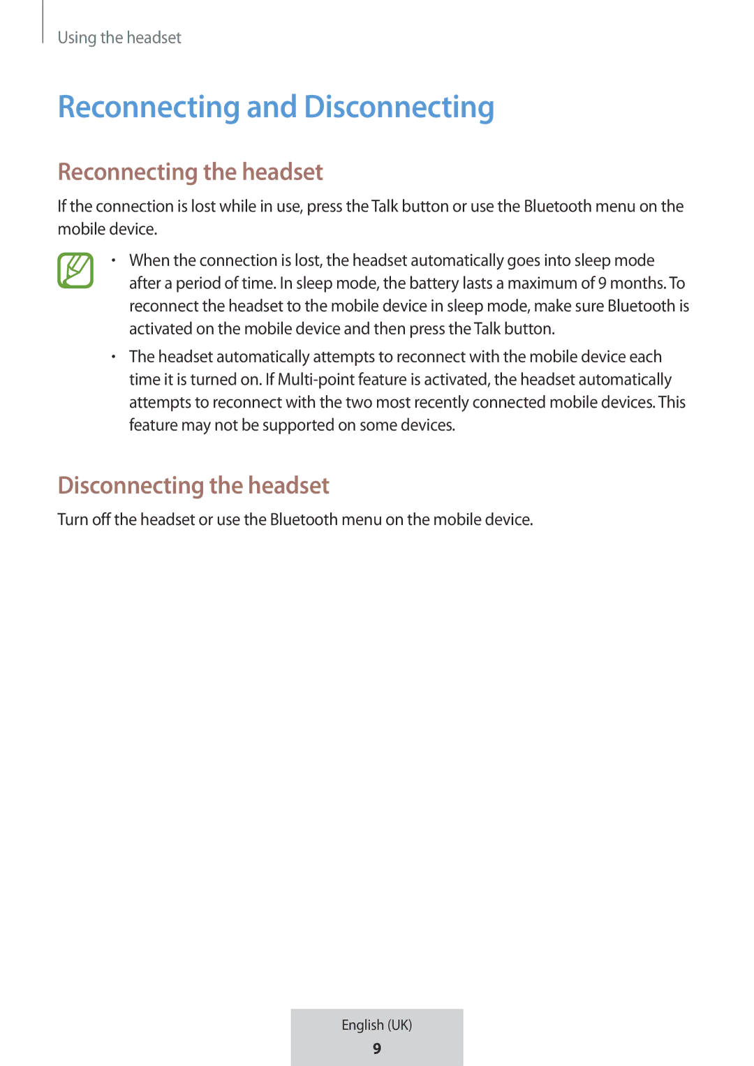 Samsung EO-MG920BBEGRU manual Reconnecting and Disconnecting, Reconnecting the headset, Disconnecting the headset 