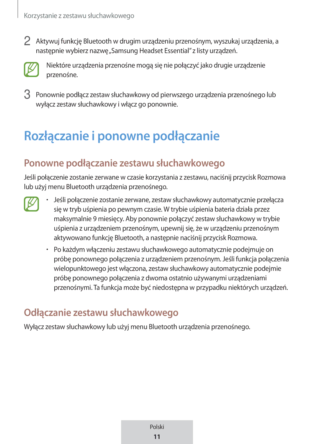 Samsung EO-MG920BBEGRU manual Rozłączanie i ponowne podłączanie, Ponowne podłączanie zestawu słuchawkowego 