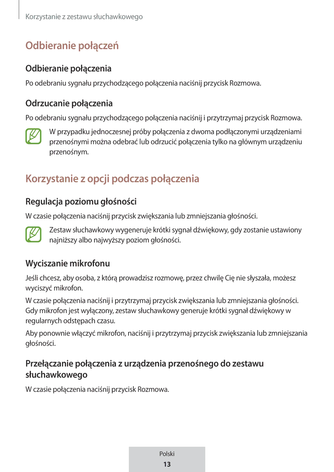 Samsung EO-MG920BBEGRU manual Odbieranie połączeń, Korzystanie z opcji podczas połączenia 