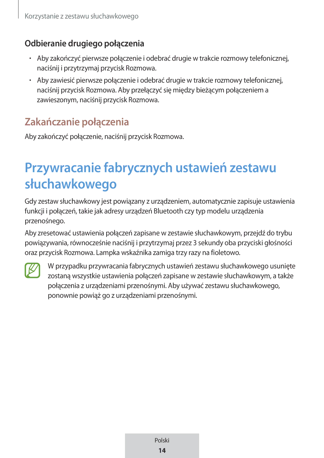 Samsung EO-MG920BBEGRU manual Przywracanie fabrycznych ustawień zestawu słuchawkowego, Zakańczanie połączenia 