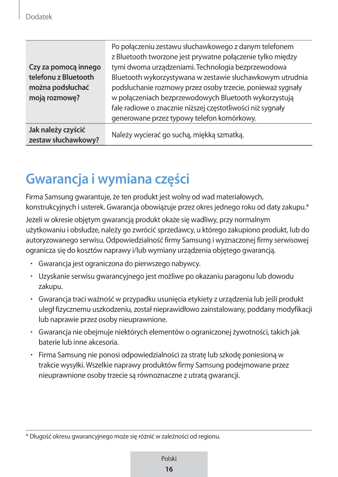 Samsung EO-MG920BBEGRU manual Gwarancja i wymiana części, Telefonu z Bluetooth, Można podsłuchać, Moją rozmowę? 