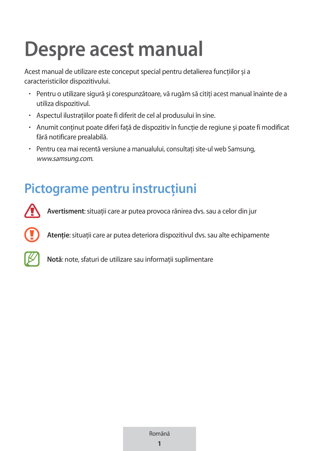 Samsung EO-MG920BBEGRU Despre acest manual, Pictograme pentru instrucţiuni 