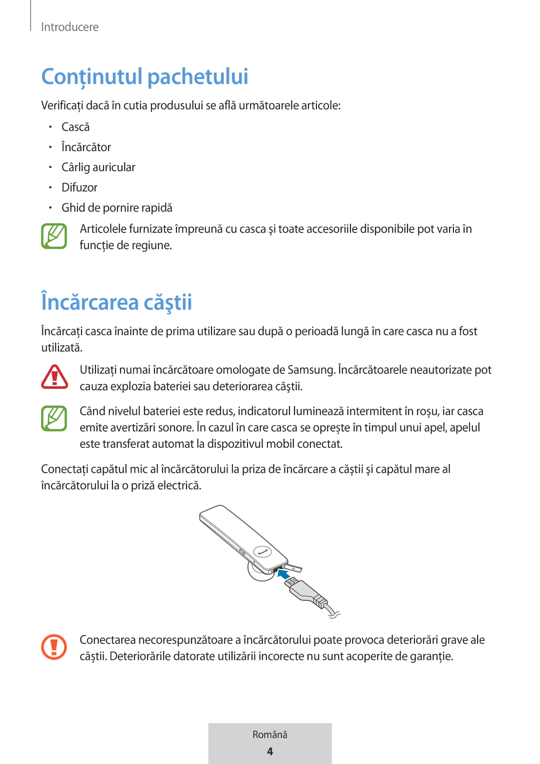 Samsung EO-MG920BBEGRU manual Conținutul pachetului, Încărcarea căştii 