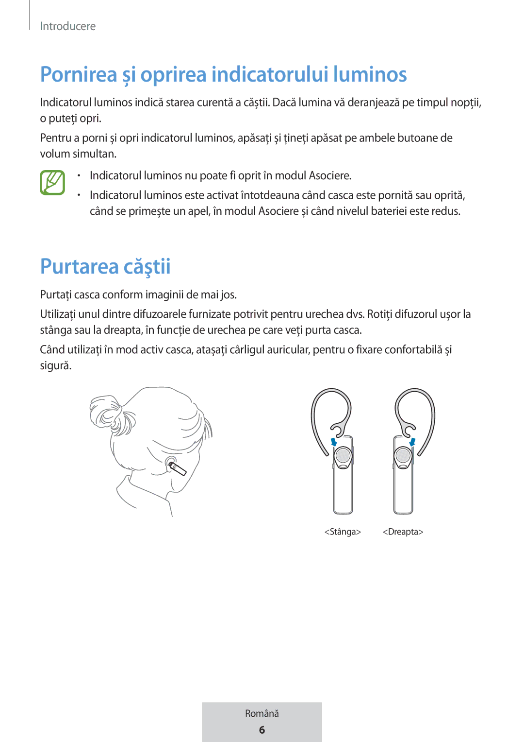 Samsung EO-MG920BBEGRU manual Pornirea și oprirea indicatorului luminos, Purtarea căştii 