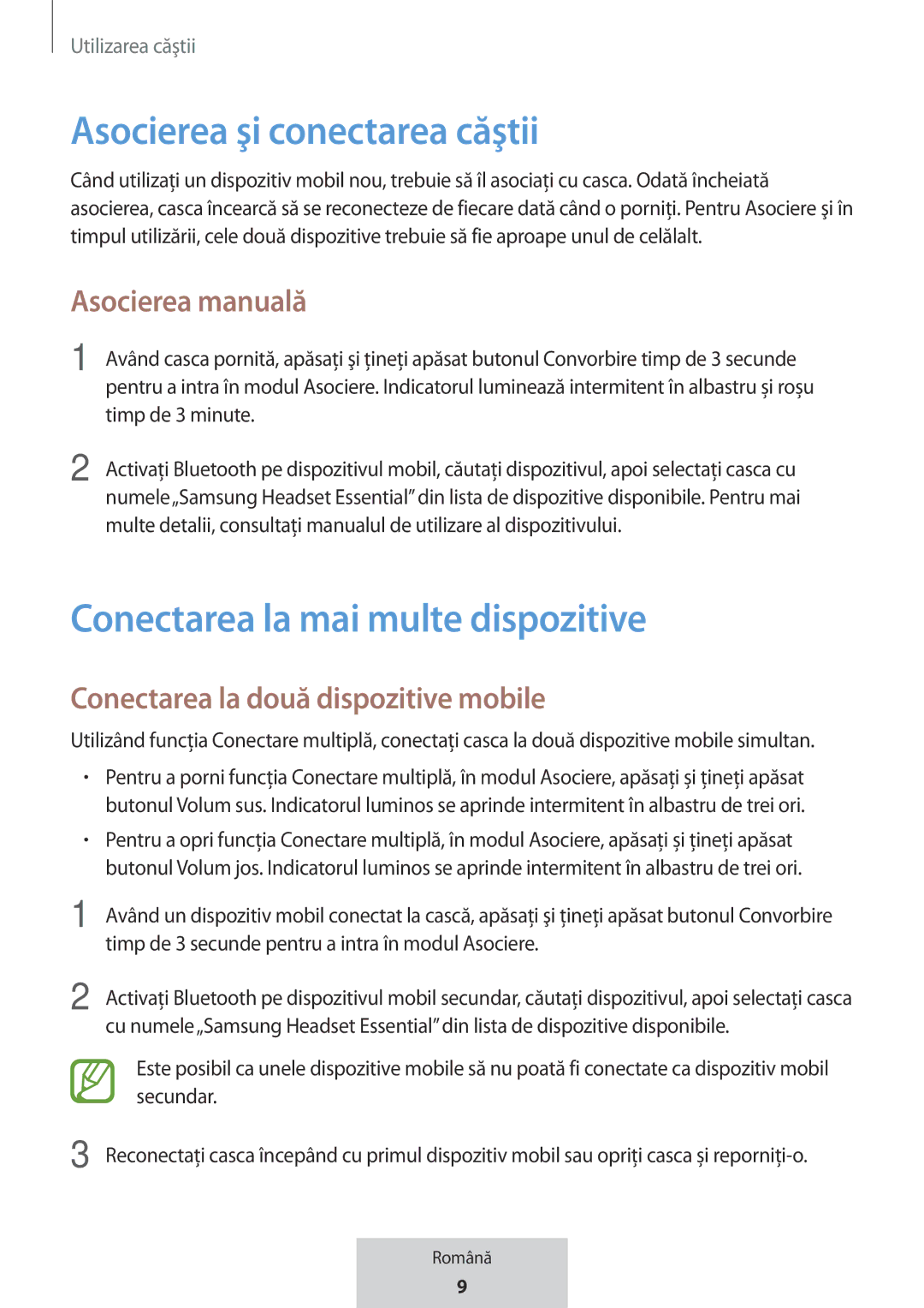 Samsung EO-MG920BBEGRU Asocierea şi conectarea căştii, Conectarea la mai multe dispozitive, Asocierea manuală 