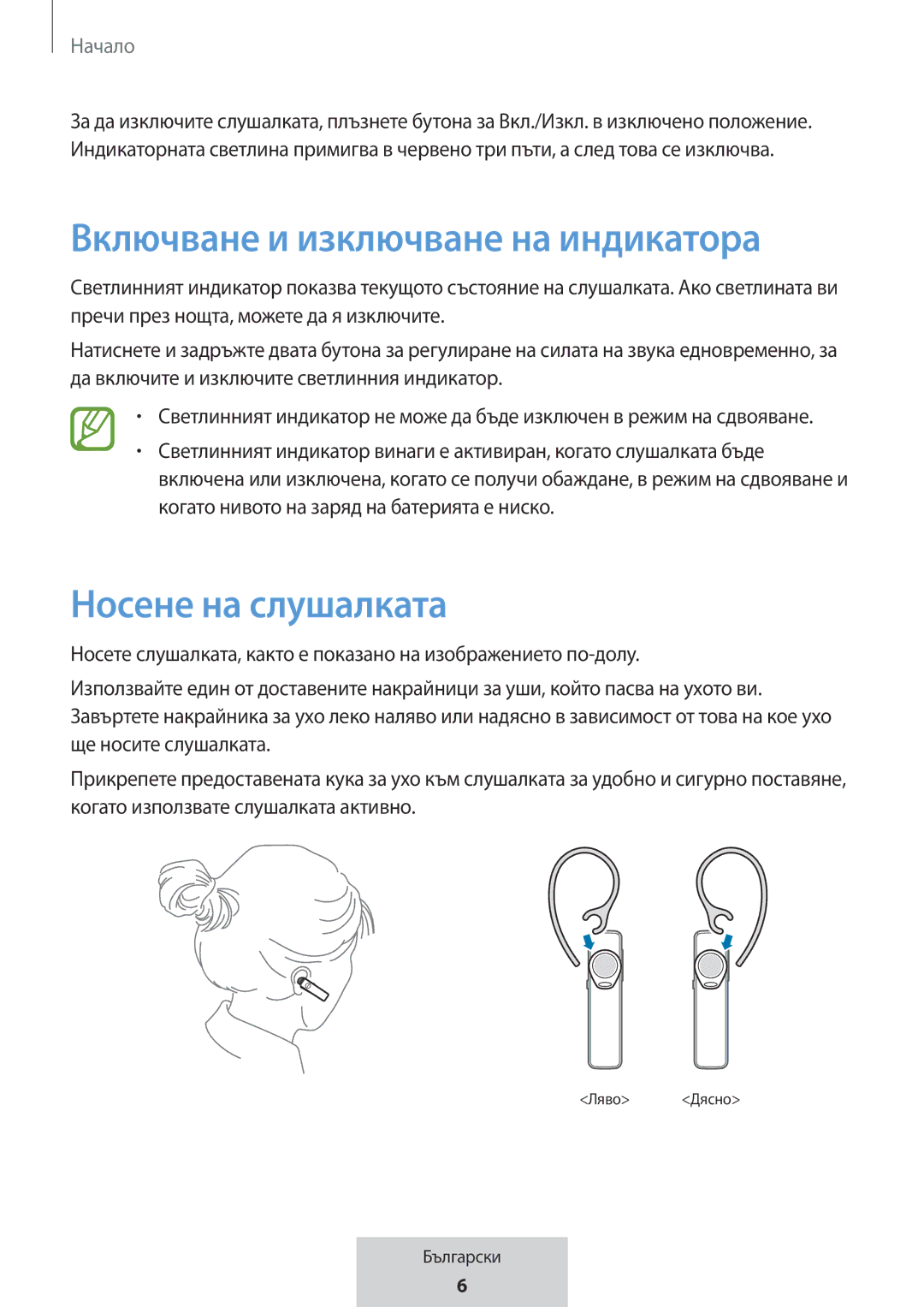 Samsung EO-MG920BBEGRU manual Включване и изключване на индикатора, Носене на слушалката 