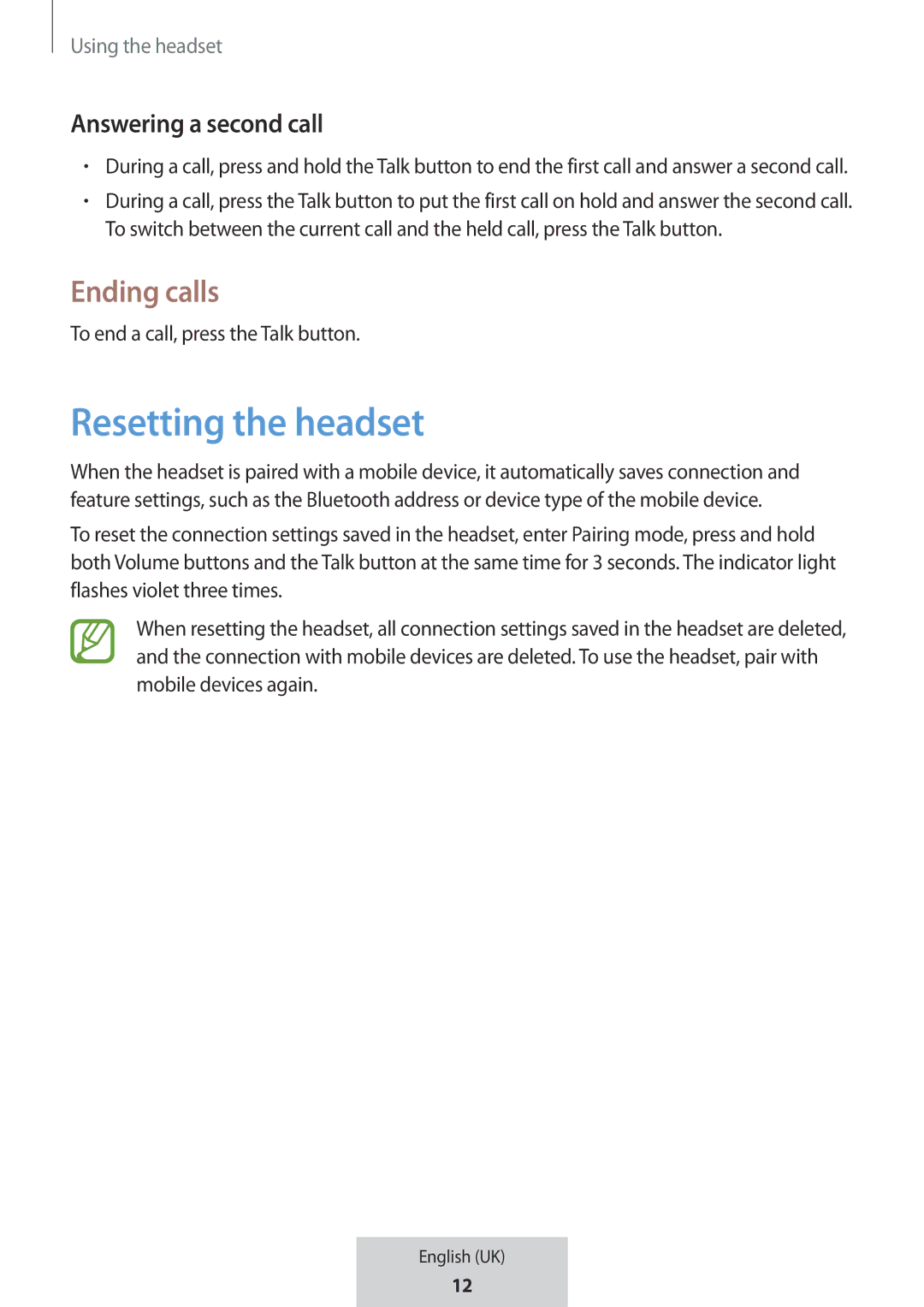 Samsung EO-MG920BBEGRU manual Resetting the headset, Ending calls, Answering a second call 