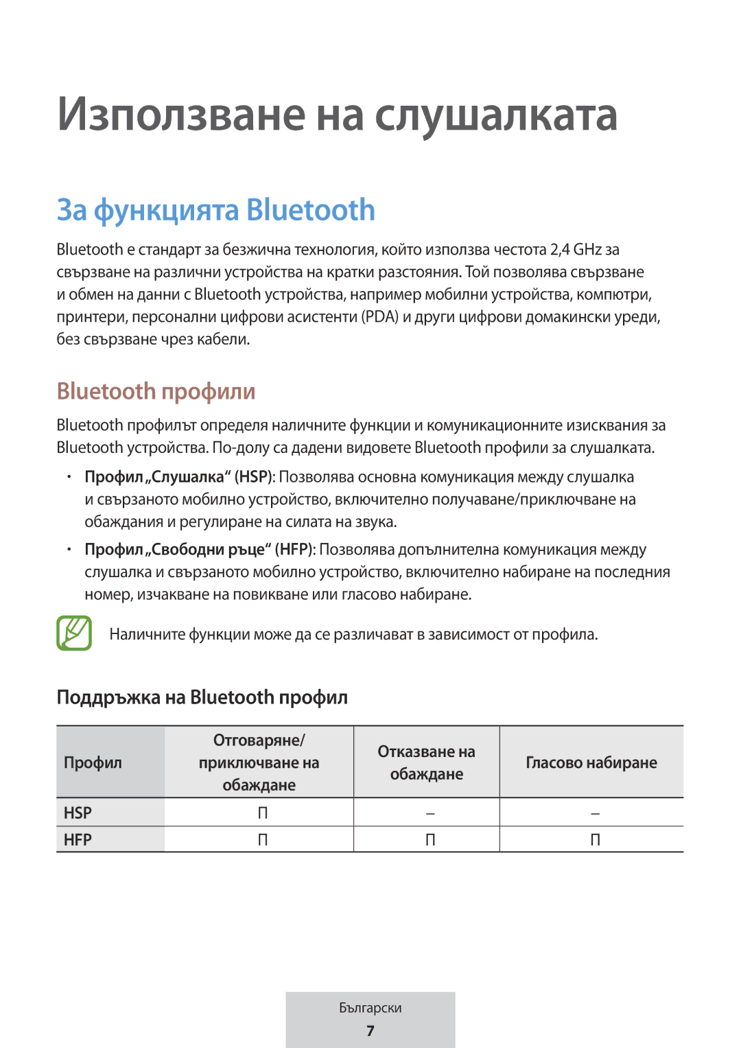 Samsung EO-MG920BBEGRU Използване на слушалката, За функцията Bluetooth, Bluetooth профили, Поддръжка на Bluetooth профил 