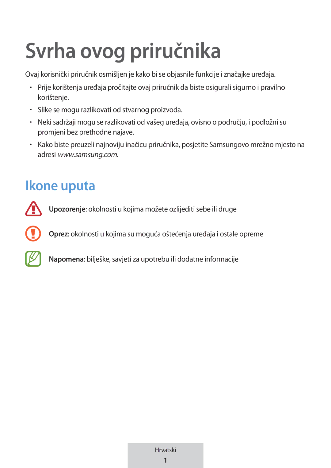 Samsung EO-MG920BBEGRU manual Svrha ovog priručnika, Ikone uputa 