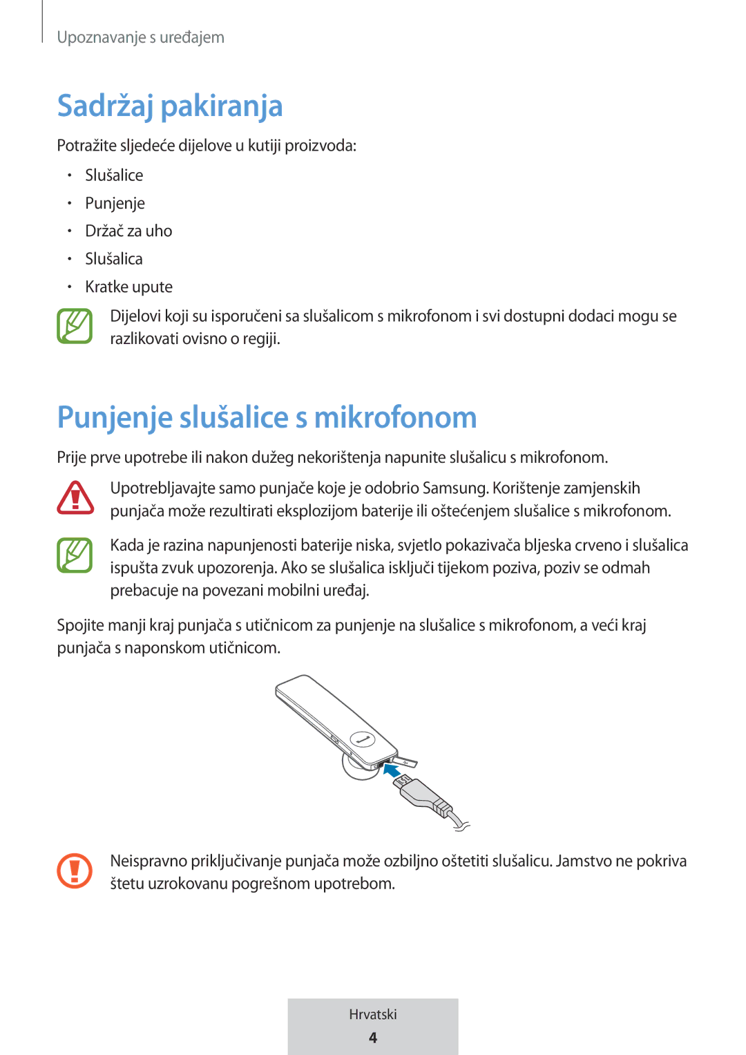 Samsung EO-MG920BBEGRU manual Sadržaj pakiranja, Punjenje slušalice s mikrofonom 