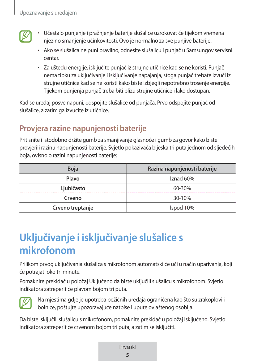 Samsung EO-MG920BBEGRU manual Uključivanje i isključivanje slušalice s mikrofonom, Provjera razine napunjenosti baterije 