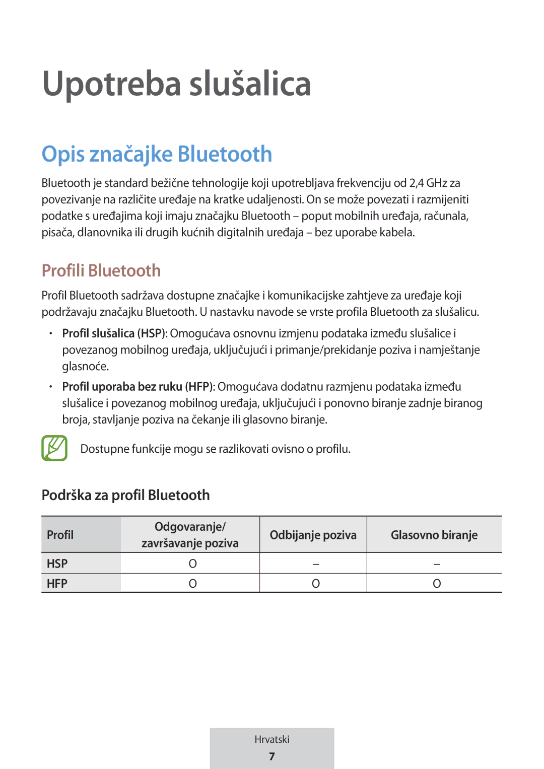 Samsung EO-MG920BBEGRU manual Upotreba slušalica, Opis značajke Bluetooth, Podrška za profil Bluetooth, Profil Odgovaranje 