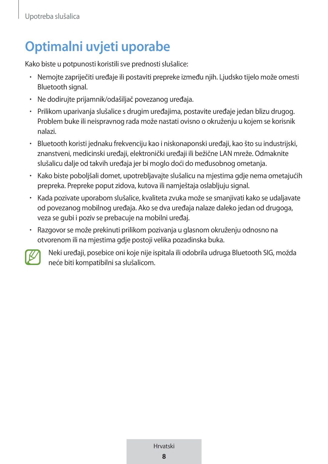 Samsung EO-MG920BBEGRU manual Optimalni uvjeti uporabe 