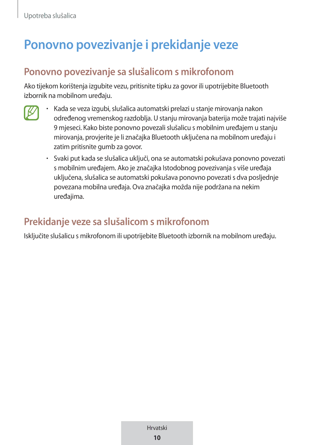 Samsung EO-MG920BBEGRU manual Ponovno povezivanje i prekidanje veze, Ponovno povezivanje sa slušalicom s mikrofonom 