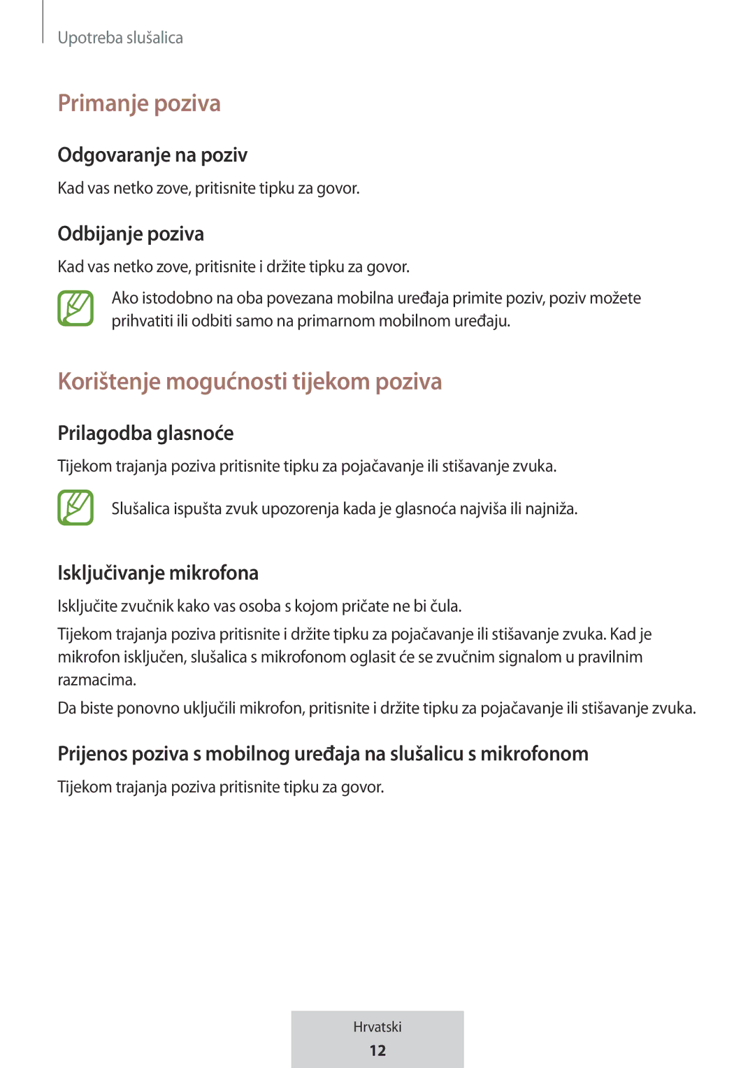 Samsung EO-MG920BBEGRU manual Primanje poziva, Korištenje mogućnosti tijekom poziva 