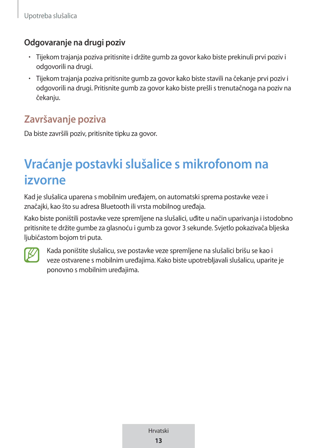 Samsung EO-MG920BBEGRU Vraćanje postavki slušalice s mikrofonom na izvorne, Završavanje poziva, Odgovaranje na drugi poziv 