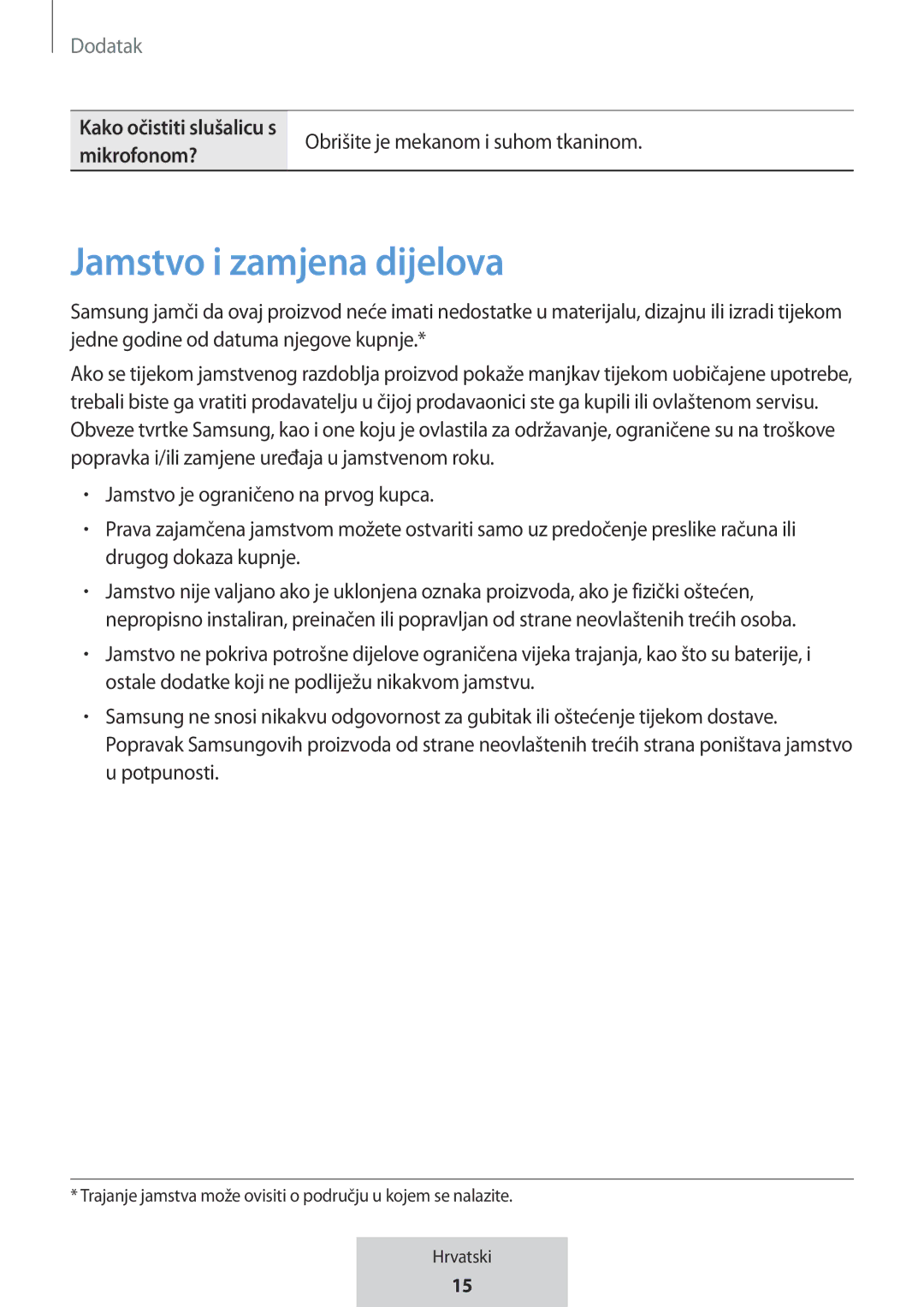 Samsung EO-MG920BBEGRU manual Jamstvo i zamjena dijelova, Obrišite je mekanom i suhom tkaninom, Mikrofonom? 