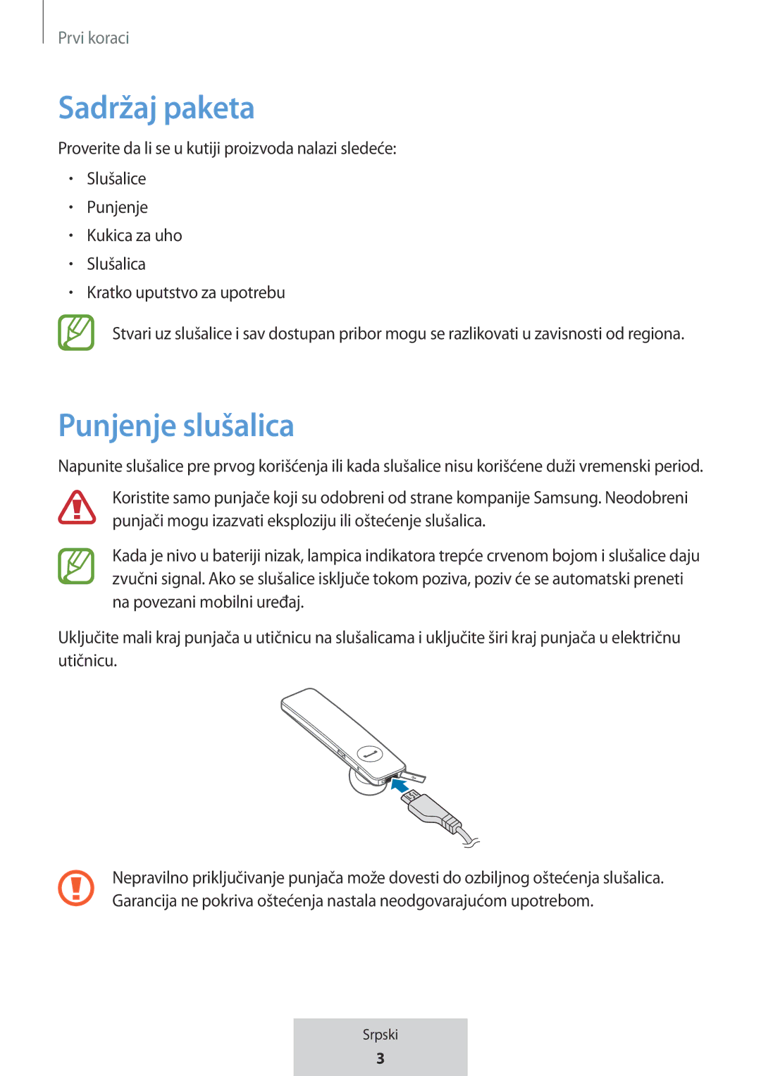 Samsung EO-MG920BBEGRU manual Sadržaj paketa, Punjenje slušalica 