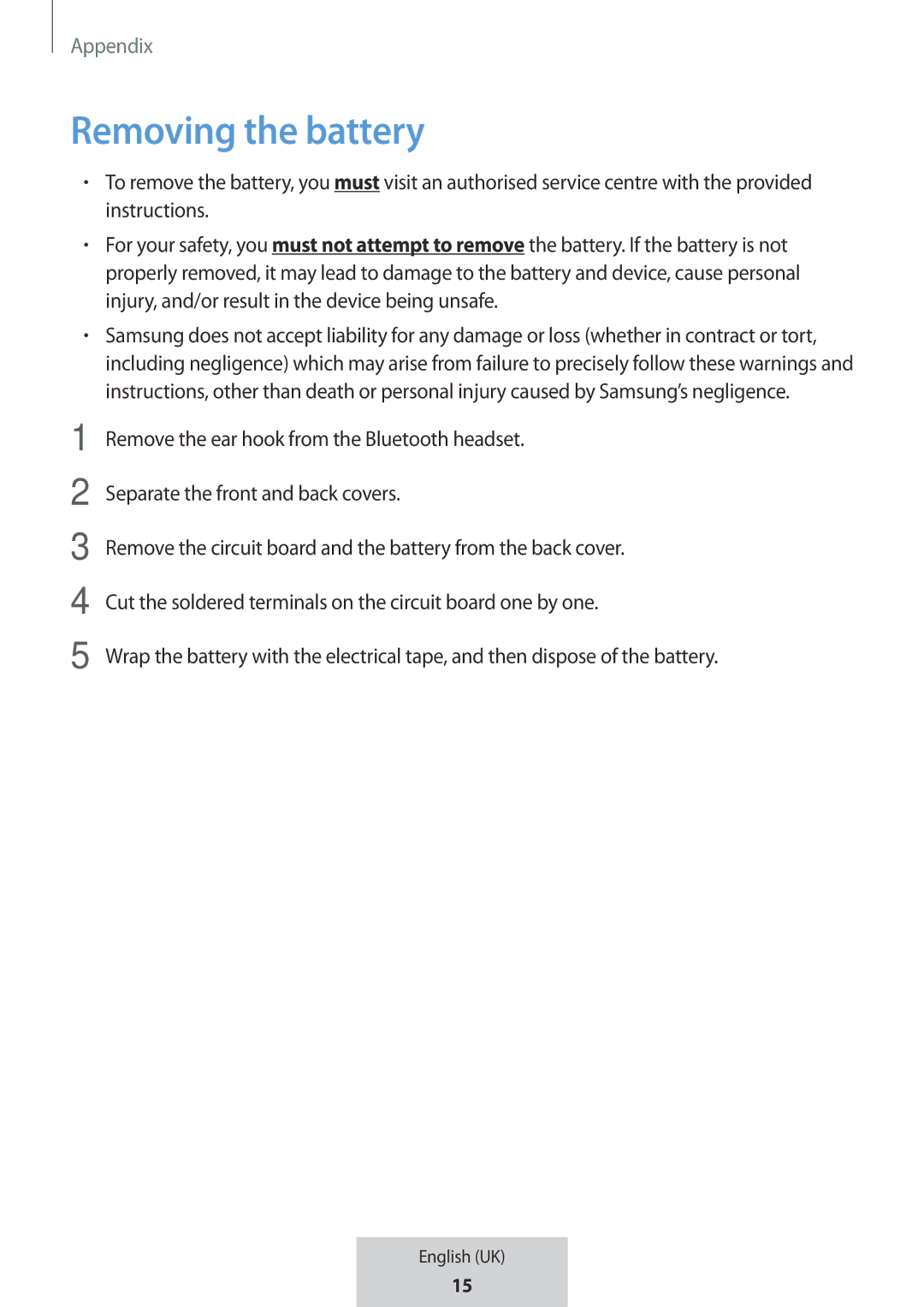 Samsung EO-MG920BBEGRU manual Removing the battery 