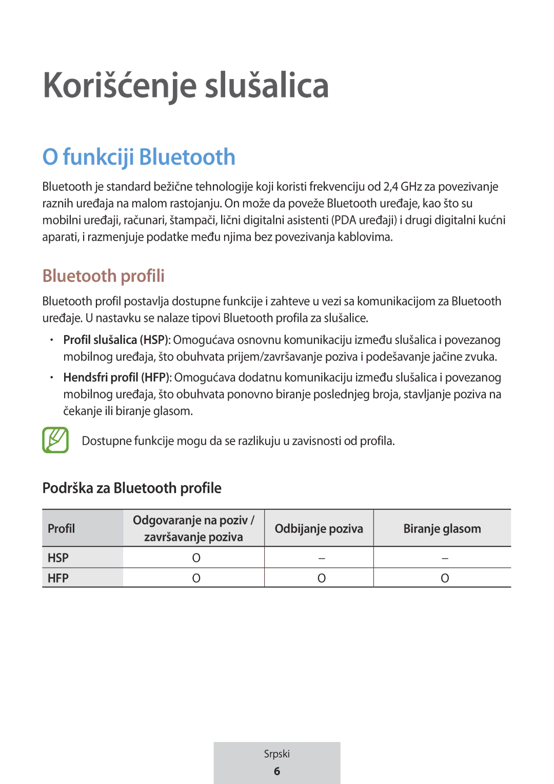 Samsung EO-MG920BBEGRU manual Korišćenje slušalica, Funkciji Bluetooth, Bluetooth profili, Podrška za Bluetooth profile 