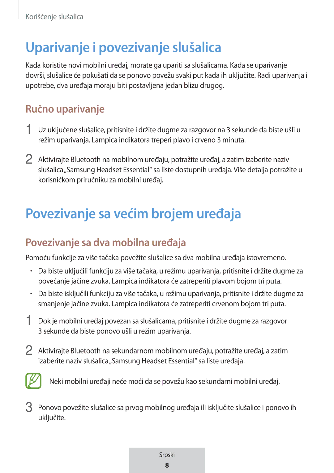 Samsung EO-MG920BBEGRU manual Uparivanje i povezivanje slušalica, Povezivanje sa većim brojem uređaja 