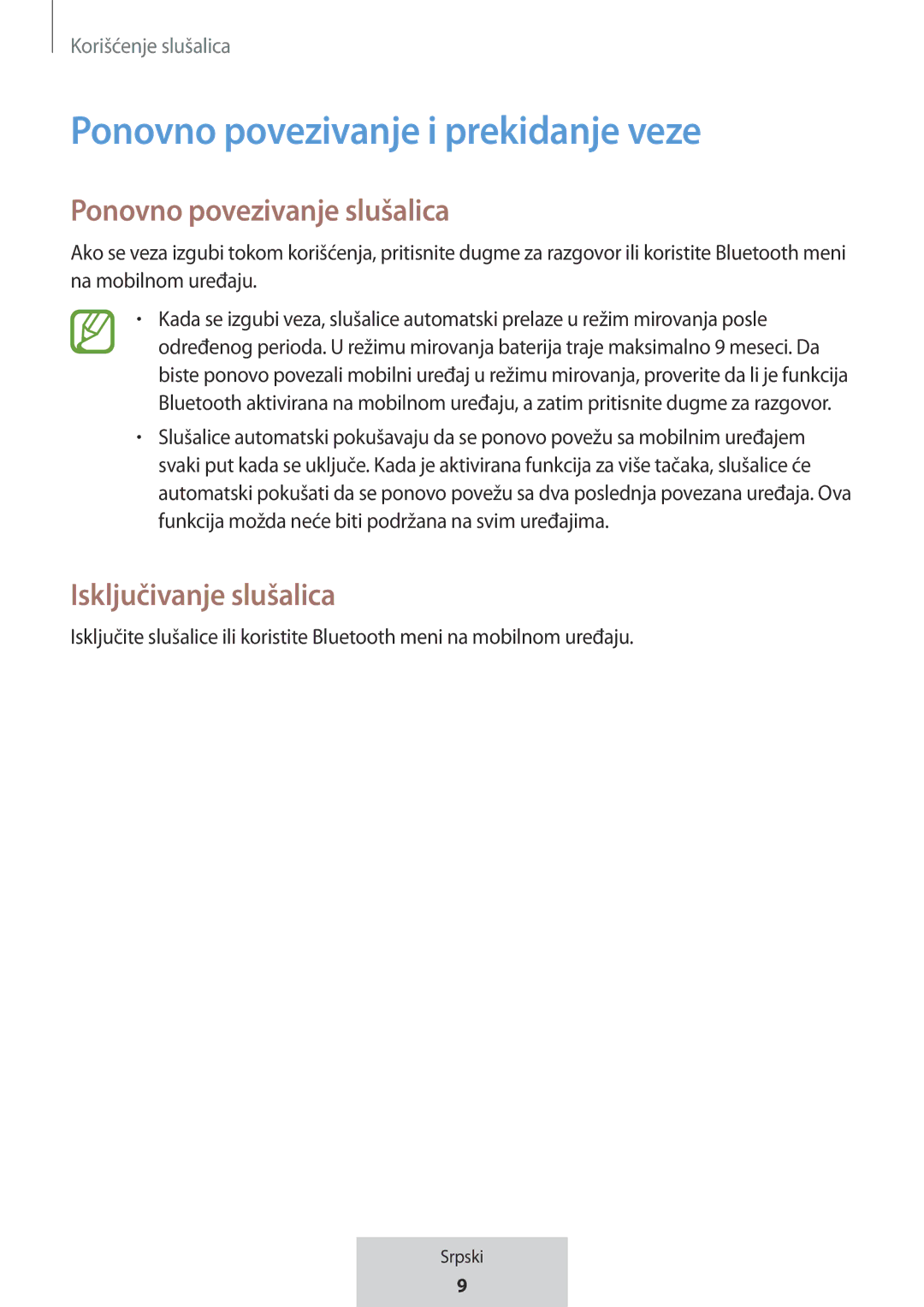 Samsung EO-MG920BBEGRU manual Ponovno povezivanje slušalica, Isključivanje slušalica 