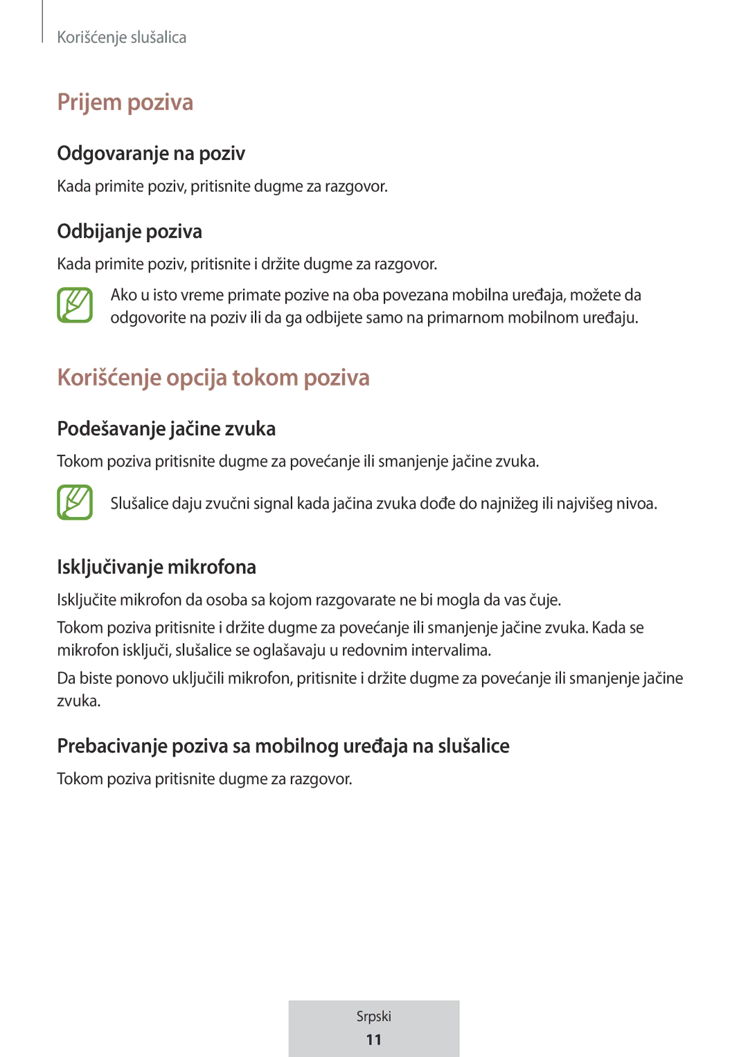 Samsung EO-MG920BBEGRU manual Prijem poziva, Korišćenje opcija tokom poziva, Podešavanje jačine zvuka 