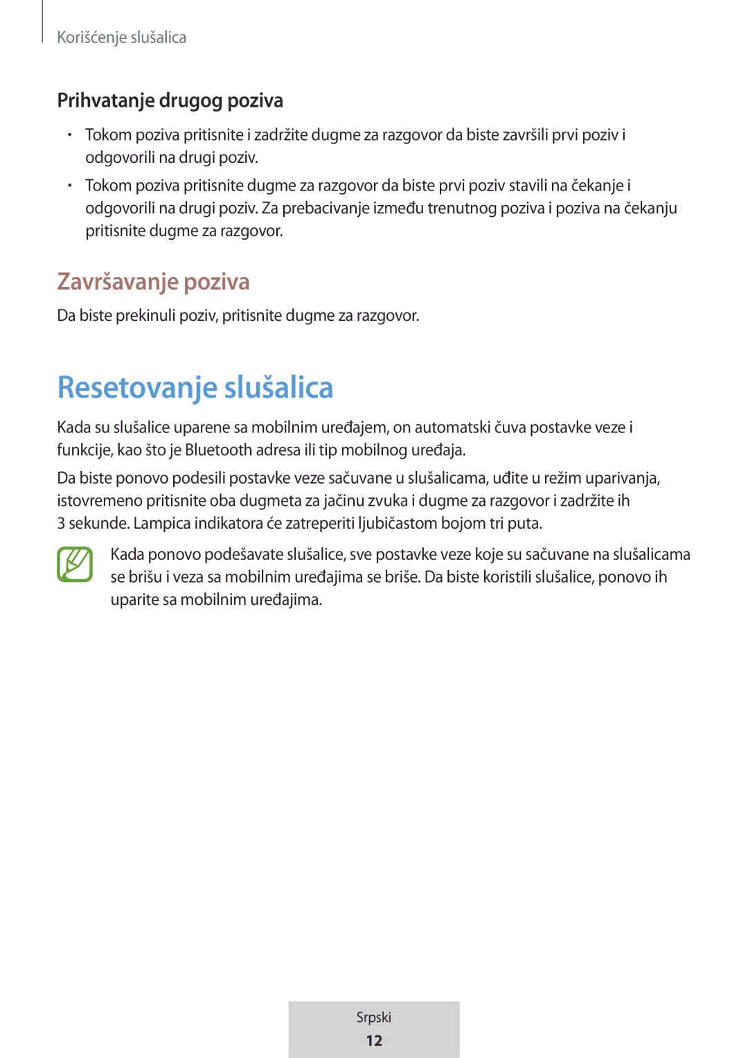 Samsung EO-MG920BBEGRU manual Resetovanje slušalica, Prihvatanje drugog poziva 