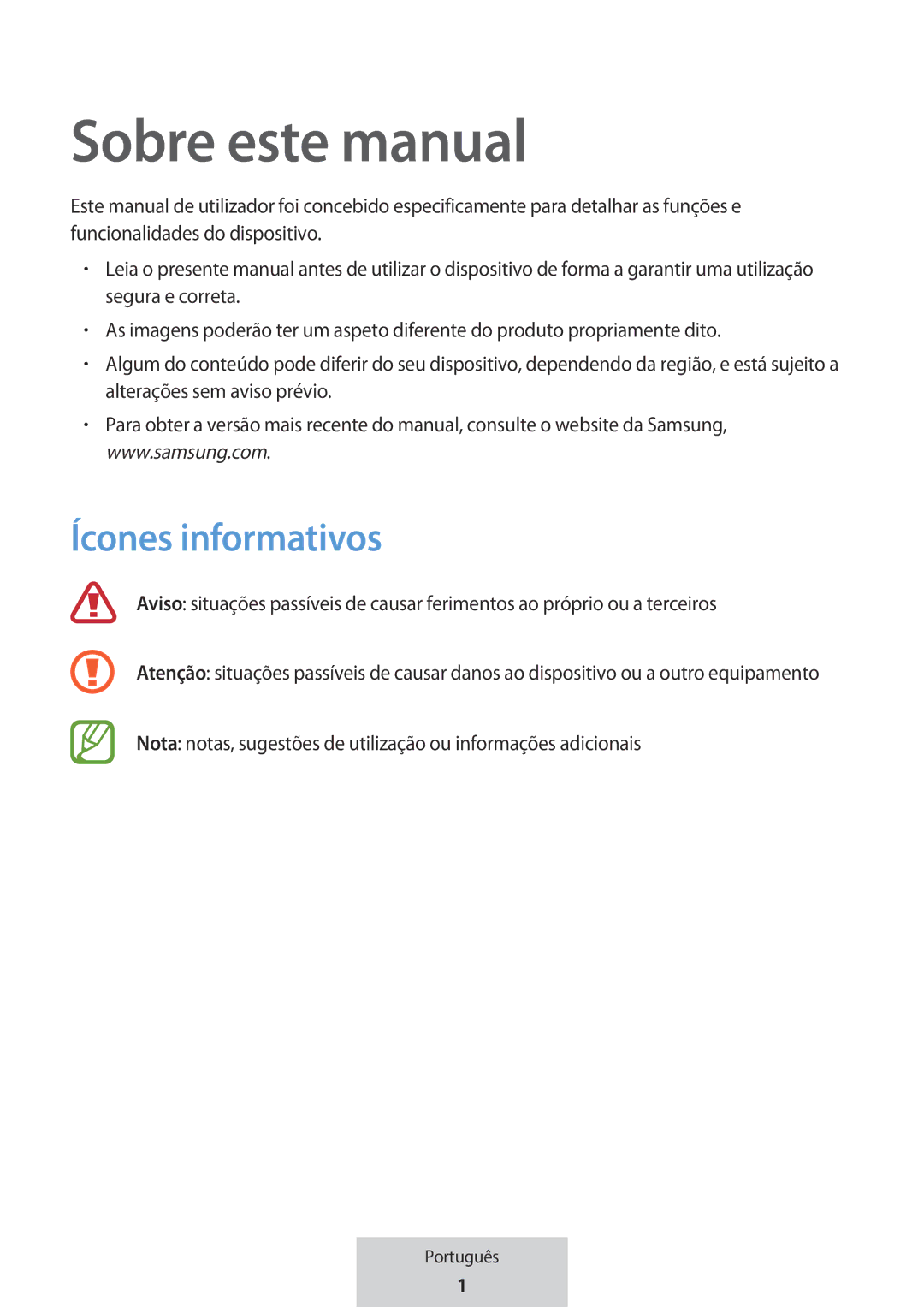 Samsung EO-MG920BBEGRU Sobre este manual, Ícones informativos 