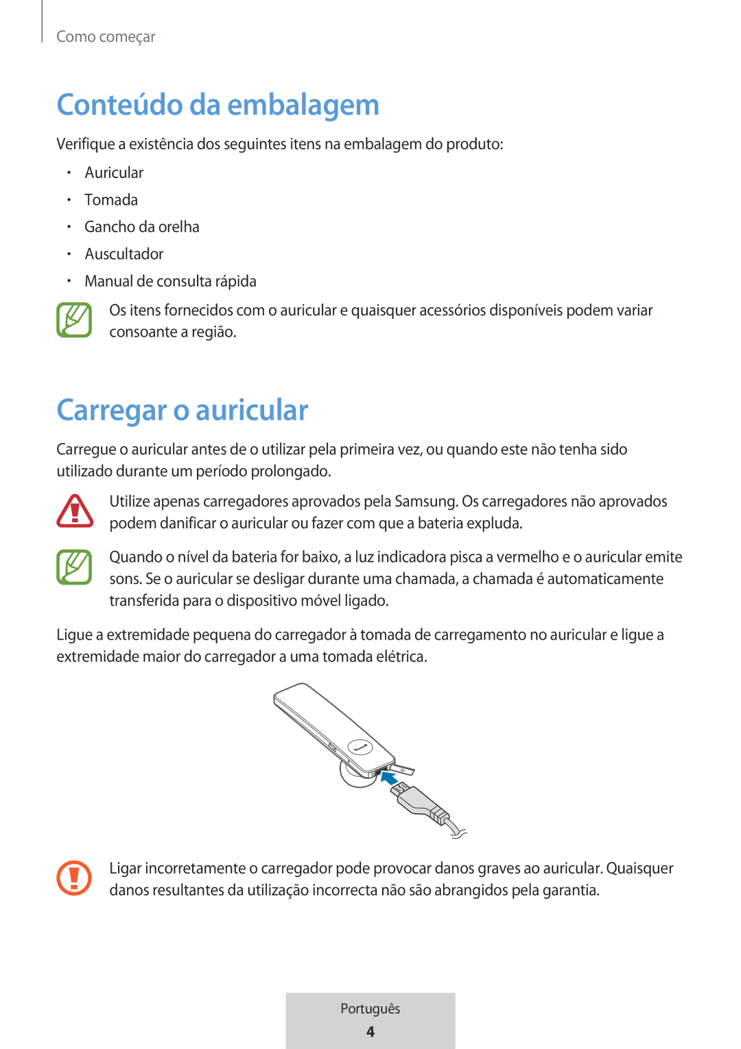 Samsung EO-MG920BBEGRU manual Conteúdo da embalagem, Carregar o auricular 