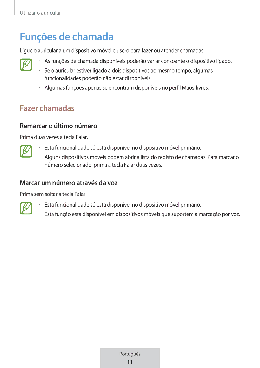 Samsung EO-MG920BBEGRU manual Funções de chamada, Fazer chamadas, Remarcar o último número, Marcar um número através da voz 