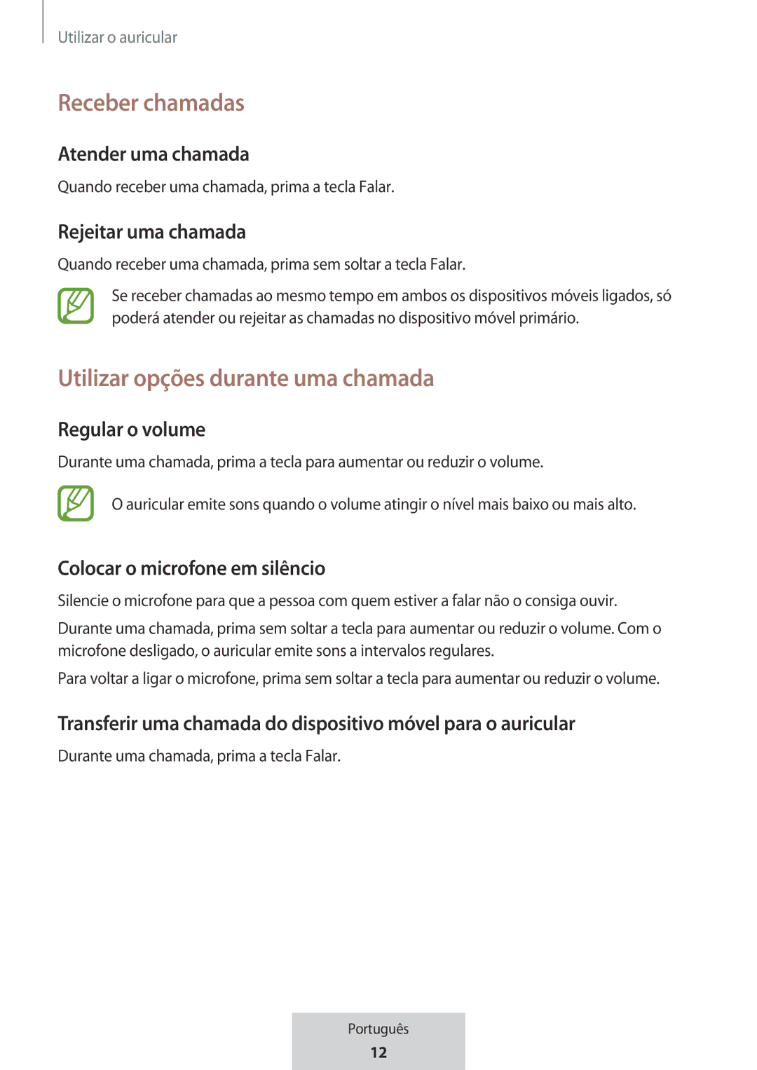 Samsung EO-MG920BBEGRU manual Receber chamadas, Utilizar opções durante uma chamada 