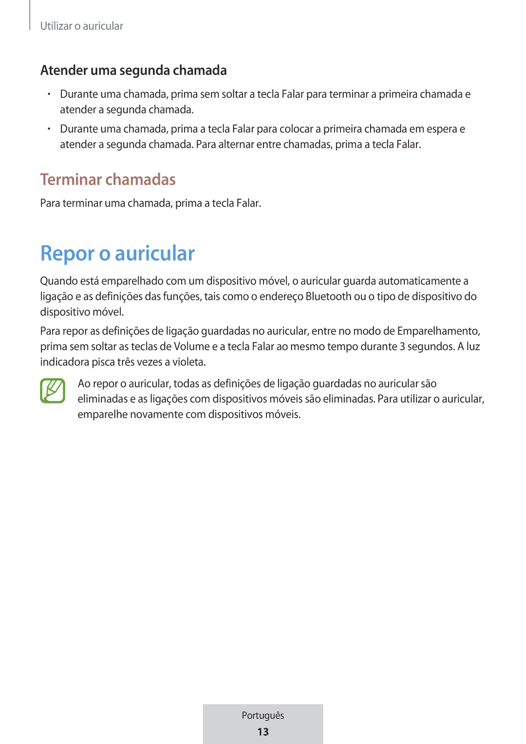 Samsung EO-MG920BBEGRU manual Repor o auricular, Terminar chamadas, Atender uma segunda chamada 