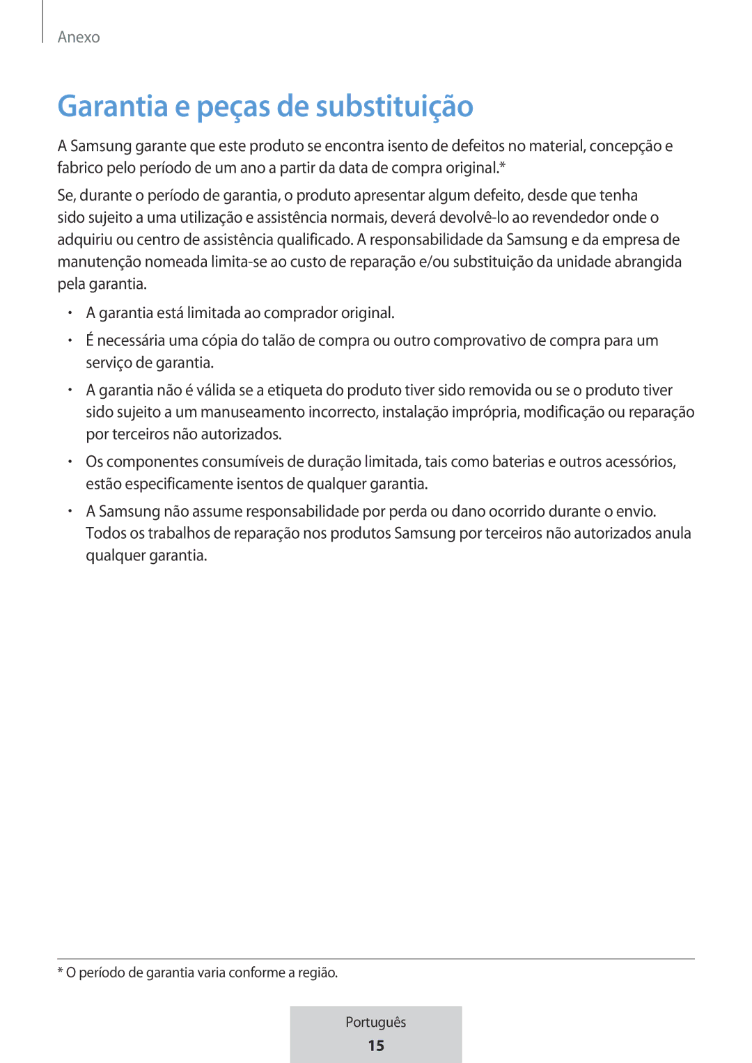 Samsung EO-MG920BBEGRU manual Garantia e peças de substituição 