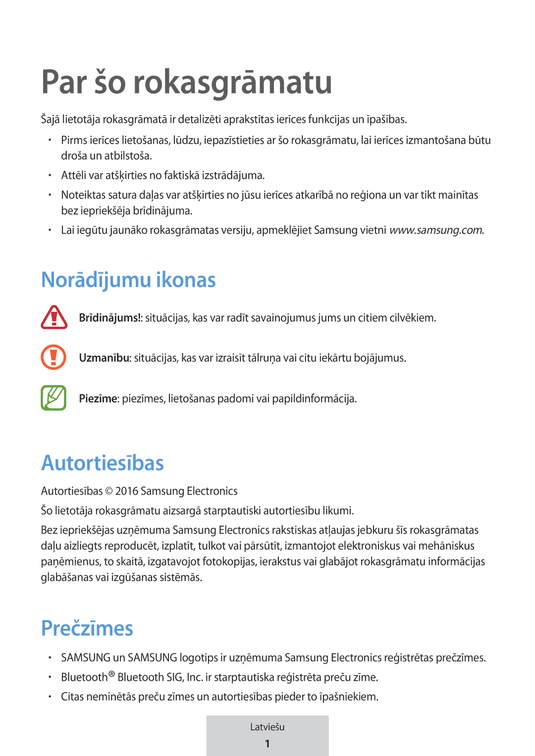 Samsung EO-MG920BBEGRU manual Par šo rokasgrāmatu, Norādījumu ikonas, Autortiesības, Prečzīmes 