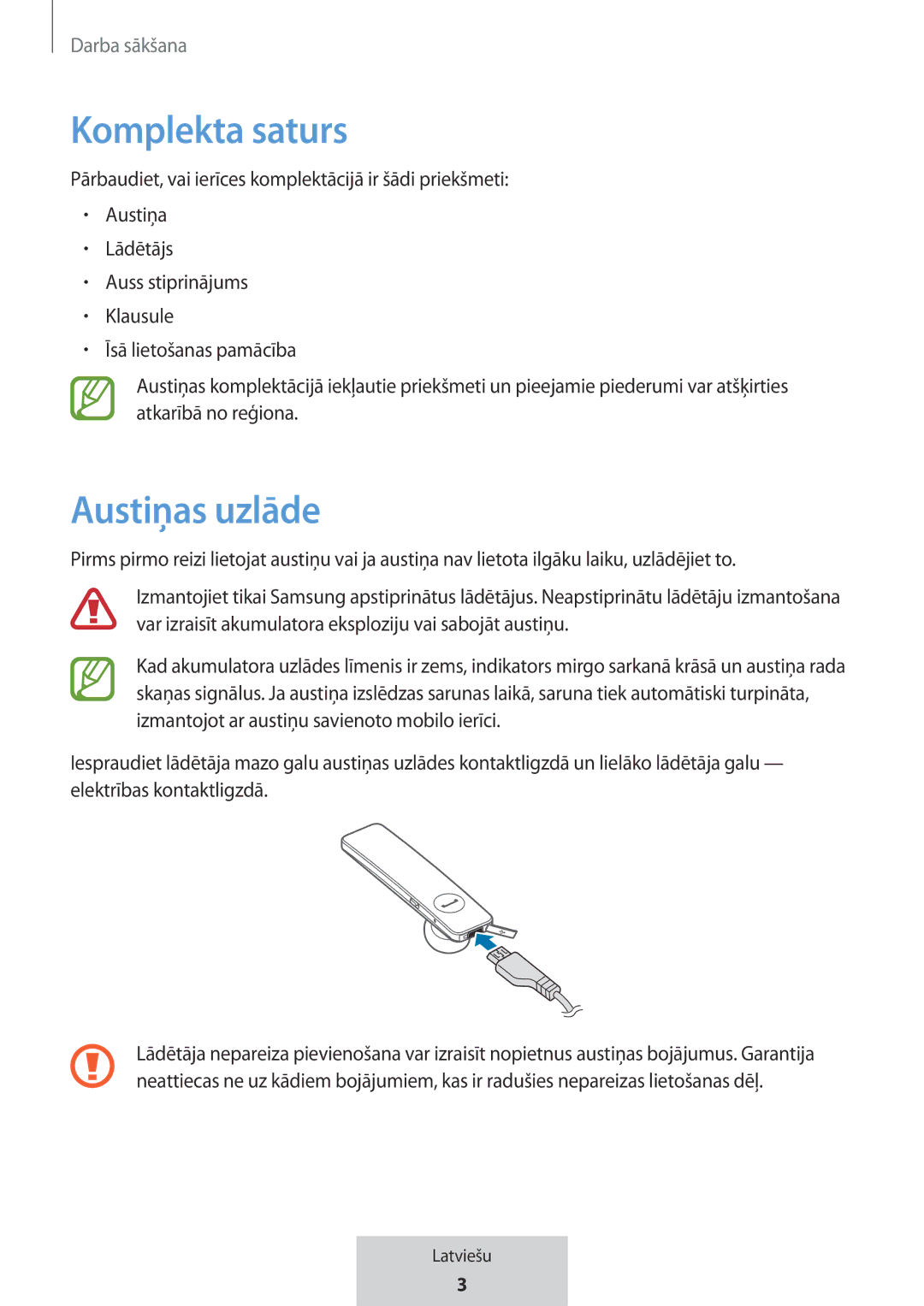 Samsung EO-MG920BBEGRU manual Komplekta saturs, Austiņas uzlāde 