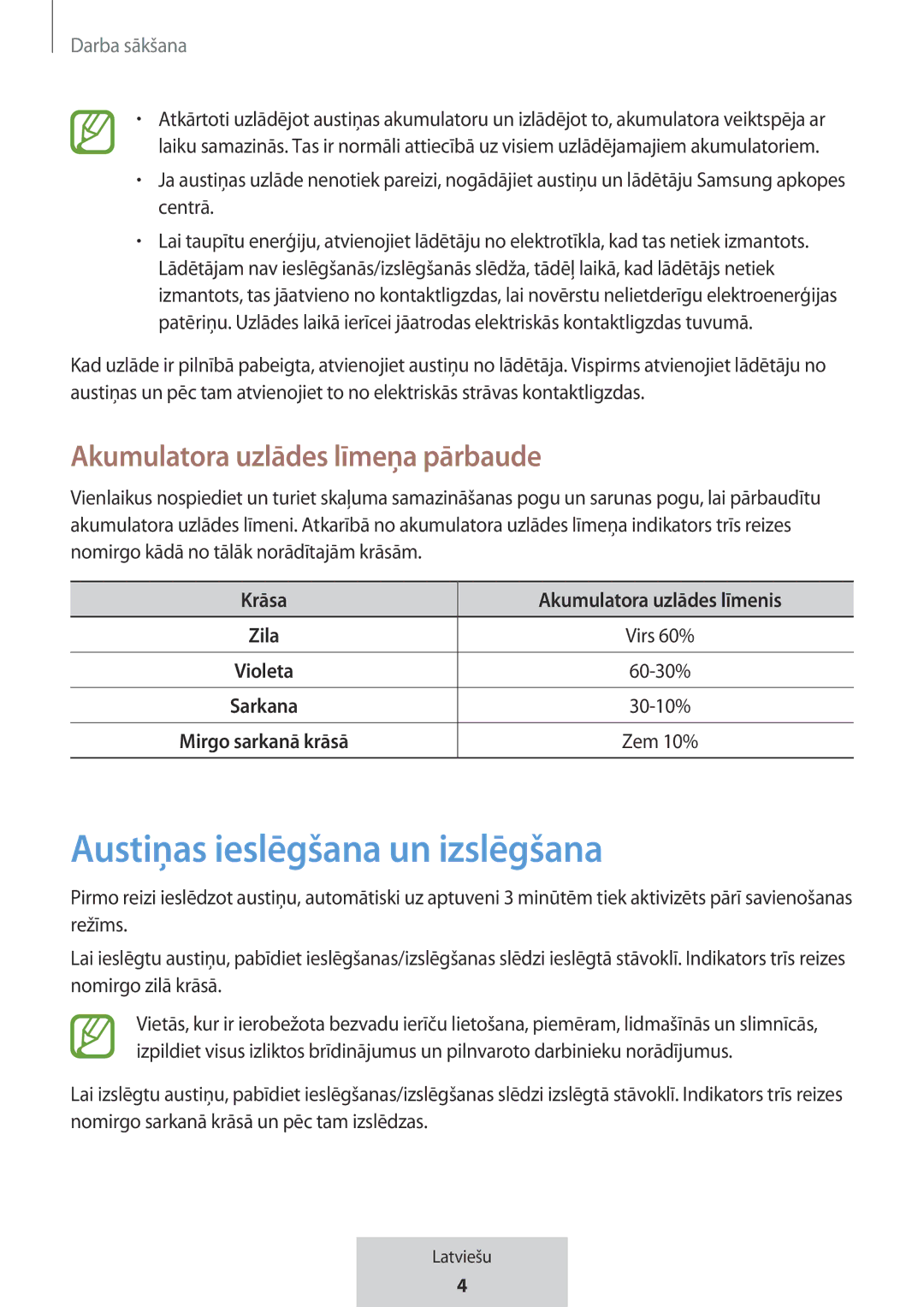 Samsung EO-MG920BBEGRU manual Austiņas ieslēgšana un izslēgšana, Akumulatora uzlādes līmeņa pārbaude 