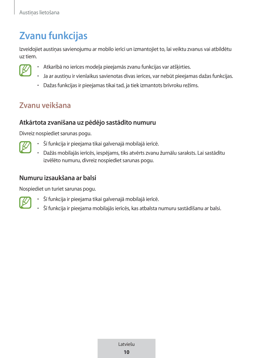 Samsung EO-MG920BBEGRU manual Zvanu funkcijas, Zvanu veikšana, Atkārtota zvanīšana uz pēdējo sastādīto numuru 