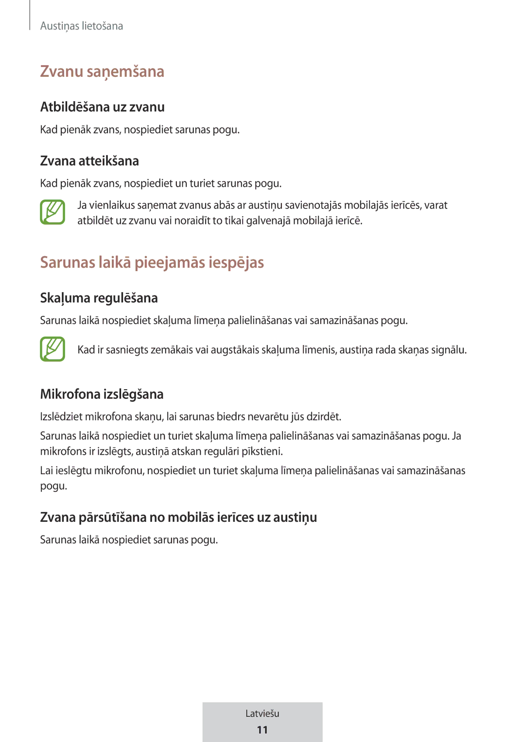 Samsung EO-MG920BBEGRU manual Zvanu saņemšana, Sarunas laikā pieejamās iespējas 