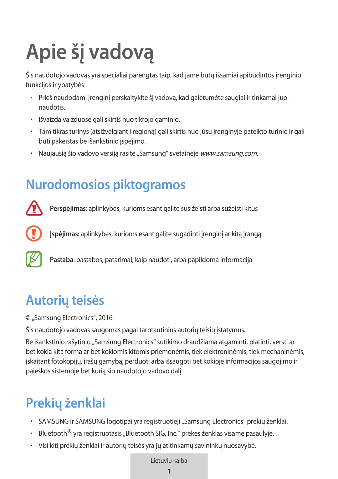 Samsung EO-MG920BBEGRU manual Nurodomosios piktogramos, Autorių teisės, Prekių ženklai 