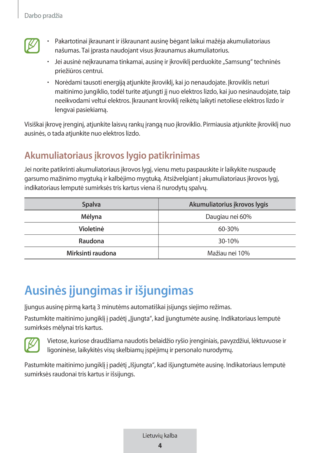 Samsung EO-MG920BBEGRU manual Ausinės įjungimas ir išjungimas, Akumuliatoriaus įkrovos lygio patikrinimas 