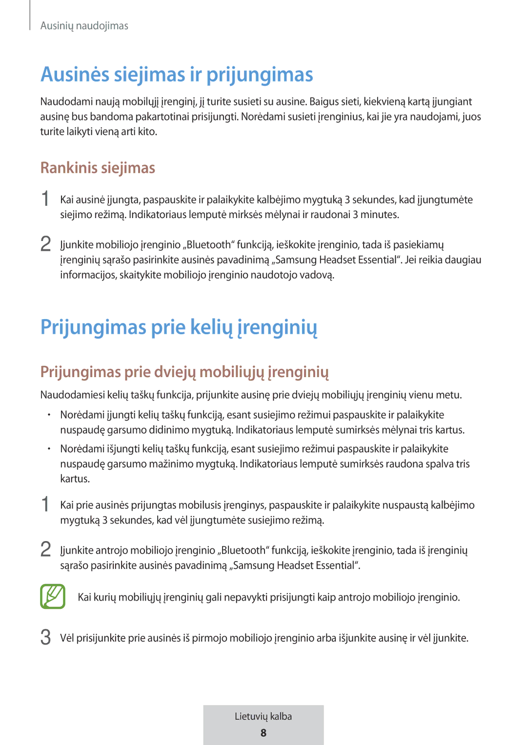 Samsung EO-MG920BBEGRU manual Ausinės siejimas ir prijungimas, Prijungimas prie kelių įrenginių, Rankinis siejimas 