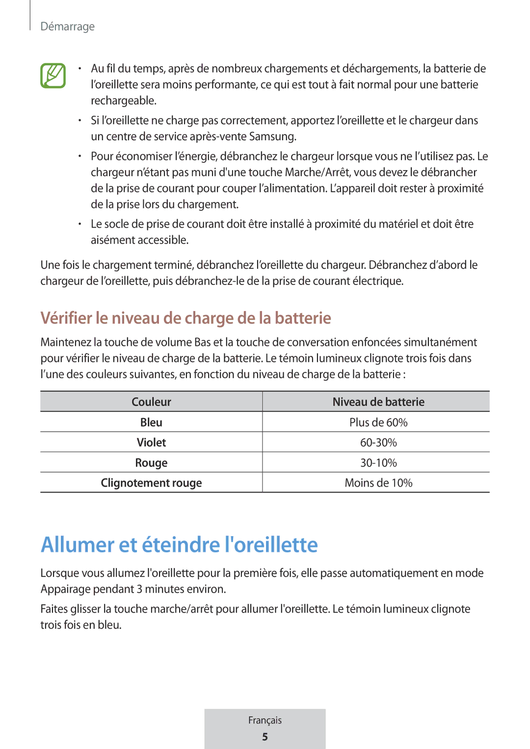 Samsung EO-MG920BBEGRU manual Allumer et éteindre loreillette, Vérifier le niveau de charge de la batterie 